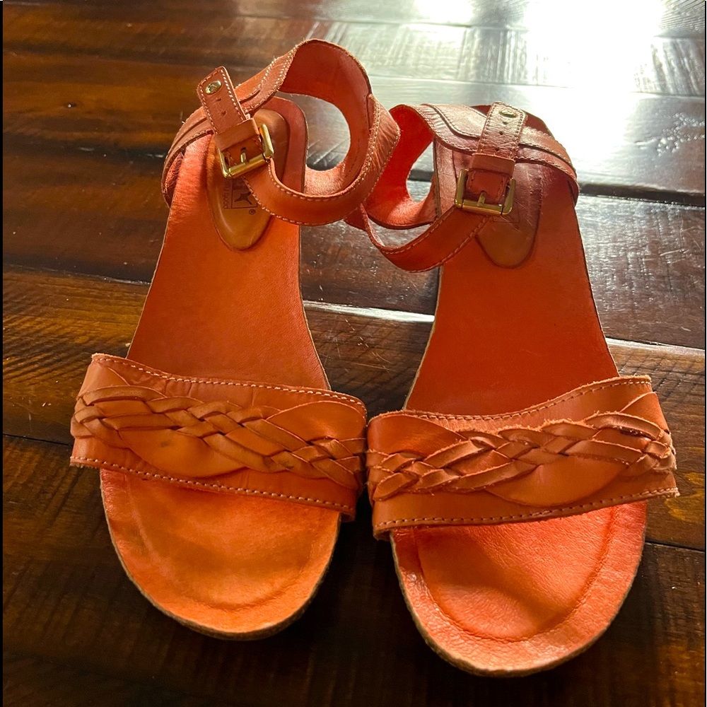 Salmon/orange Pikolinos Leather Sandal with cork and wooden block heals Size 39